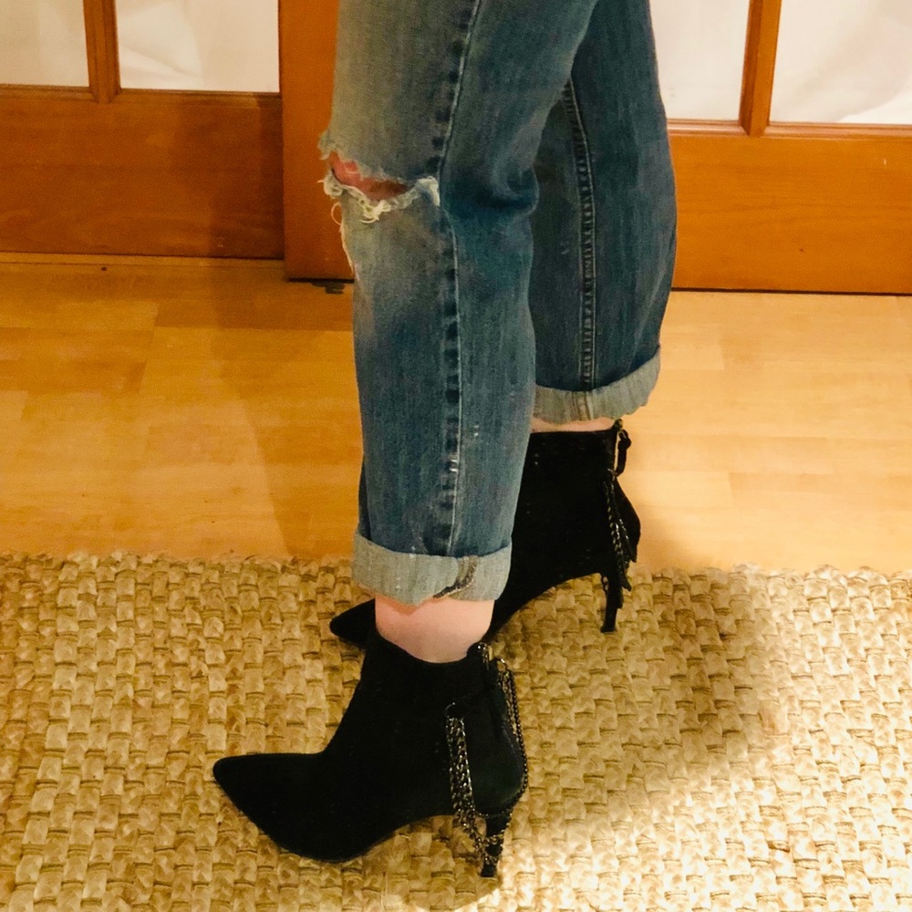 Black Suede Boots with Chain Detail